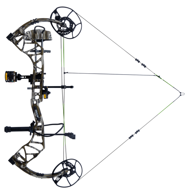 Bear Gamekeeper RTH Adjustable compound Bow in color Mossy Oak Bottomland aiming left showcasing it's 27"-32" draw length.