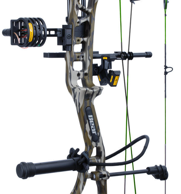Close up of Bear Gamekeeper RTH compound bow in color Mossy Oak Bottomland highlighting Trophy Ridge accessories including a V-Biscuit rest, premium 4 pin sight, stabilizer, Radial peep sight, and wrist sling.