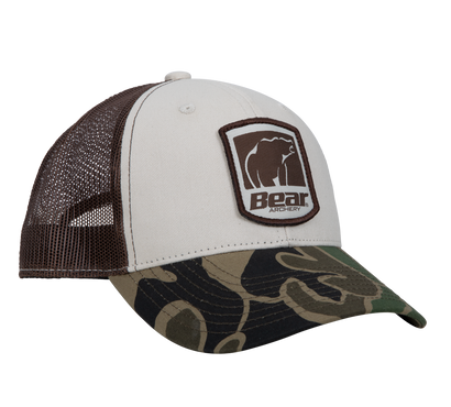 bear archery hat - bear archery white and fred bear camo hat with bear archery shield logo.