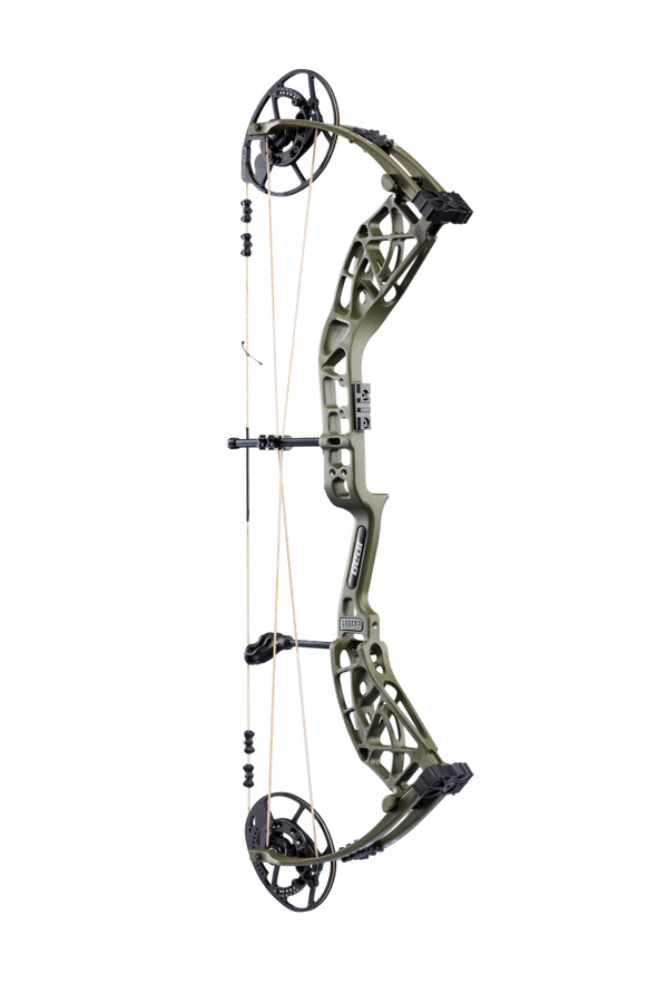 Side view of Bear Archery's Whitetail INT compound bow in color Olive highlighting its KillerWave limb dampeners.