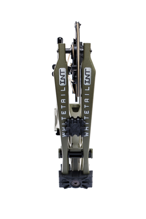 Close up of Bear Archery Whitetail INT compound bow for bowhunting in Olive color.