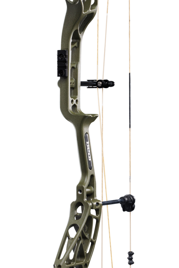 Close-up of the Bear Archery Whitetail INT Compound Bow in color Veil Whitetail, showcasing its Integrated Mounting Rest and Picatinny sight mounting locations for easy customization.