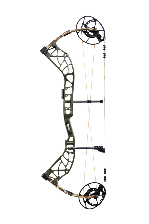 Bear Archery Whitetail INT Compound Bow for bowhunting displayed against a transparent background, emphasizing its professional build quality and Throwback Green color option.