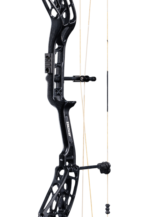 Close-up of the Bear Archery Whitetail INT Compound Bow in color Veil Whitetail, showcasing its Integrated Mounting Rest and Picatinny sight mounting locations for easy customization.