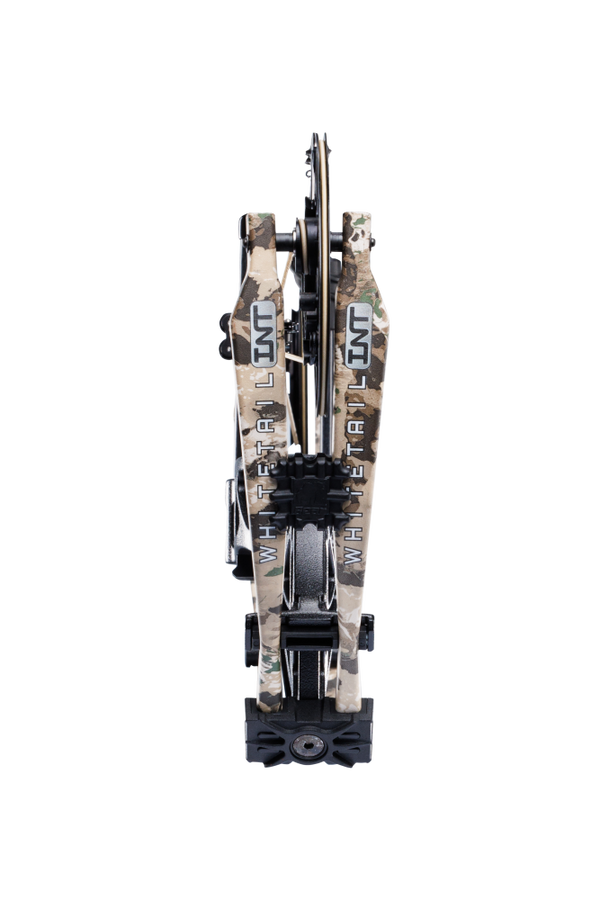 Close up of compound bow limbs showcasing Bear Archery Whitetail INT logo on color Veil Whitetail.