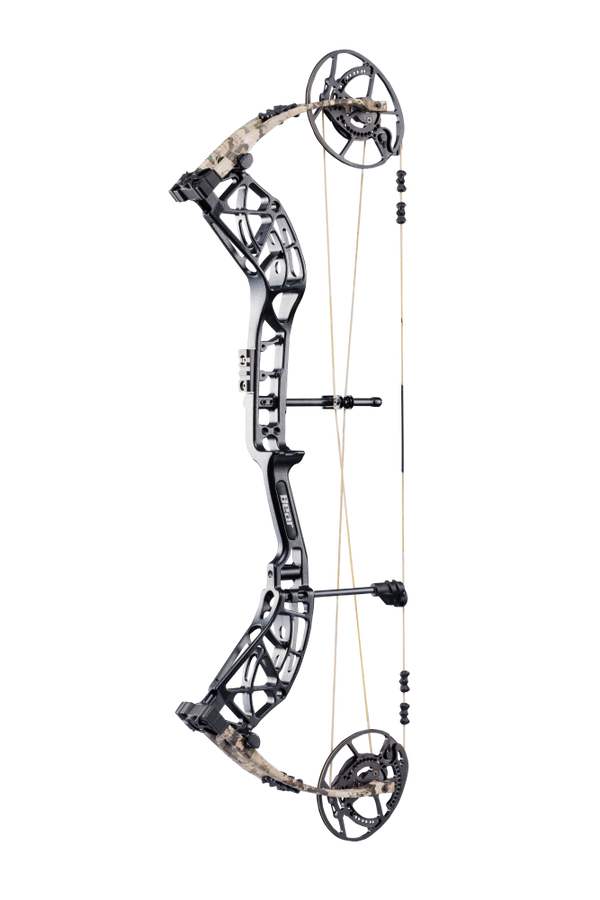 Side view of the Bear Archery Whitetail INT Compound Bow in color Veil Whitetail highlighting its modern, lightweight frame with EKO cams and integrated innovations.