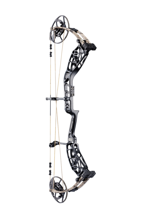 Bear Archery Whitetail INT Compound Bow for bowhunting displayed against a transparent background, emphasizing its professional build quality and Veil Whitetail color option.