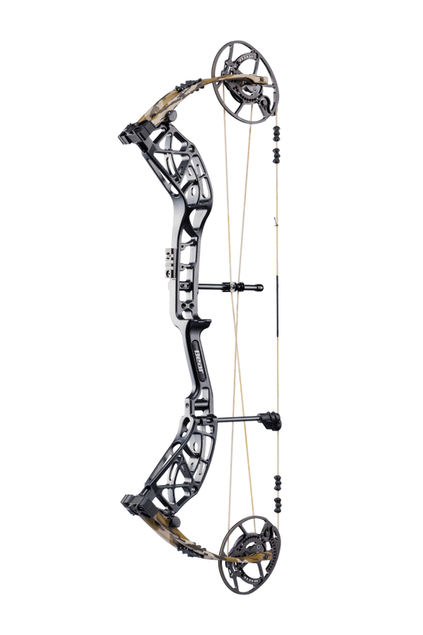 Side view of Bear Archery's Whitetail INT compound bow in color Mossy Oak Bottomland highlighting its KillerWave limb dampeners.