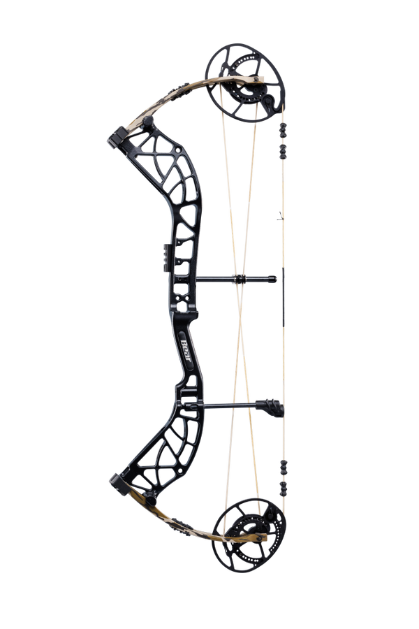 Side view of the Bear Archery Whitetail INT Compound Bow in color Mossy Oak Bottomland highlighting its modern, lightweight frame with EKO cams and integrated innovations.