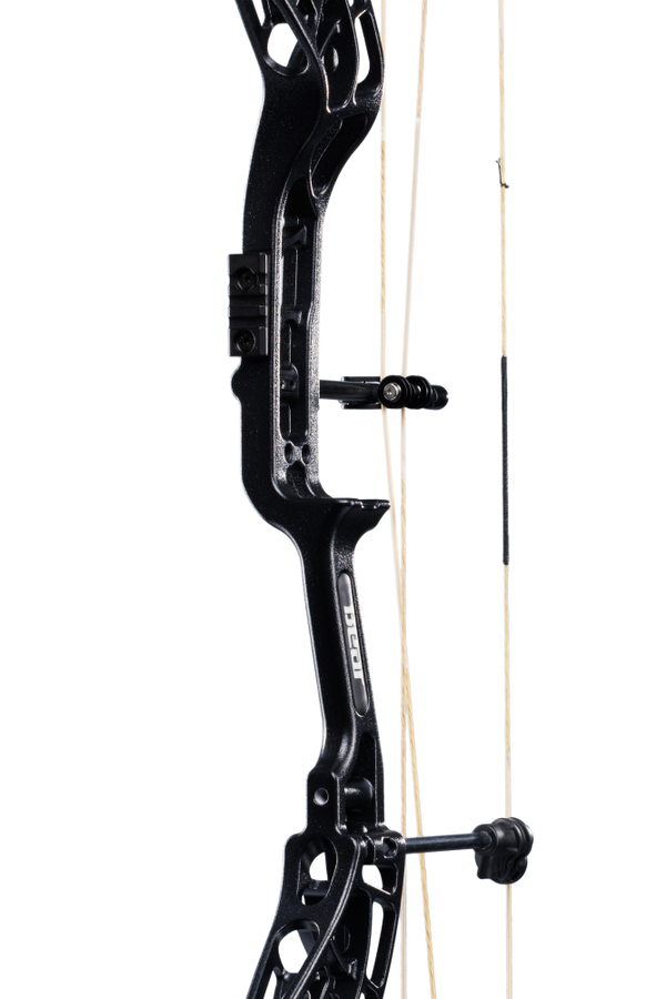 Close-up of the Bear Archery Whitetail INT Compound Bow in color Mossy Oak Bottomland, showcasing its Integrated Mounting Rest and Picatinny sight mounting locations for easy customization.