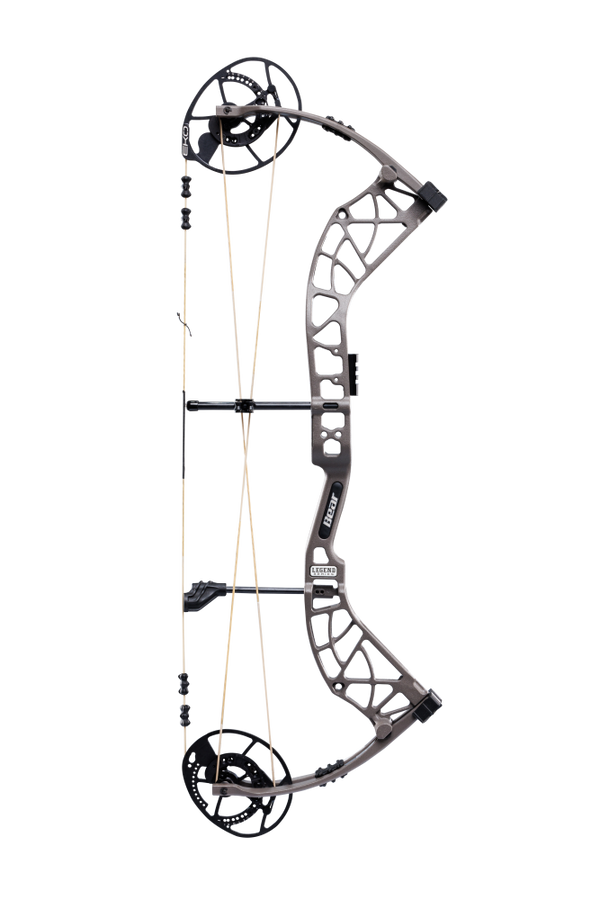 Side view showcasing KillerWave limb dampeners on Bear Archery's Whitetail INT compound bow in color stone.