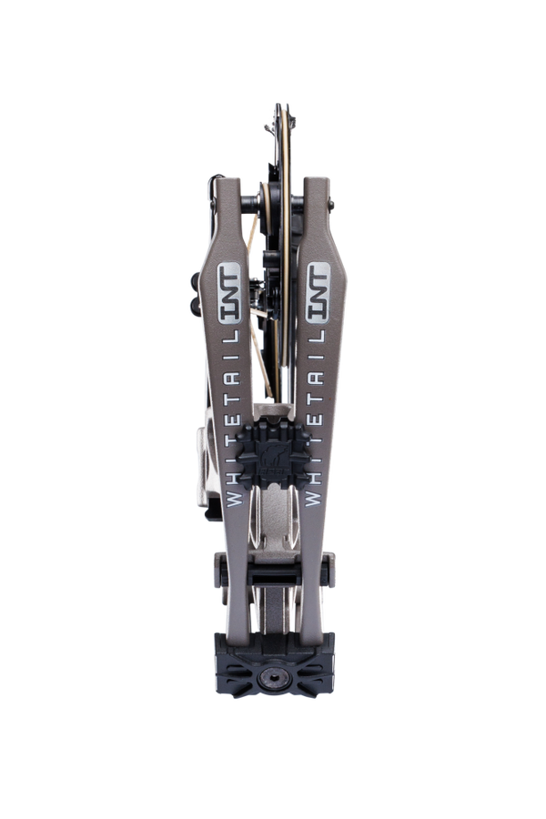 Close up of Bear Archery Whitetail INT compound bow for bowhunting in stone color.