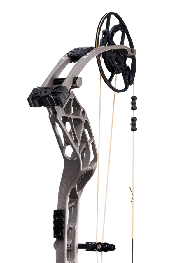 Close up of roller cable guard system matched with the proven EKO cam system on the Whitetail INT compound bow in stone color.