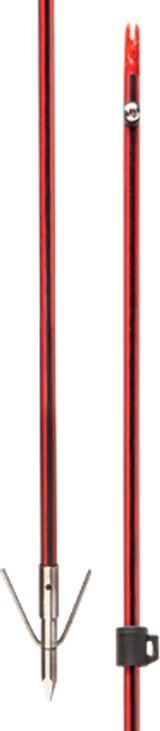 Close up of the Cajun Bowfishing arrow shaft made with a fusion of black carbon-fiber and red fiberglass.