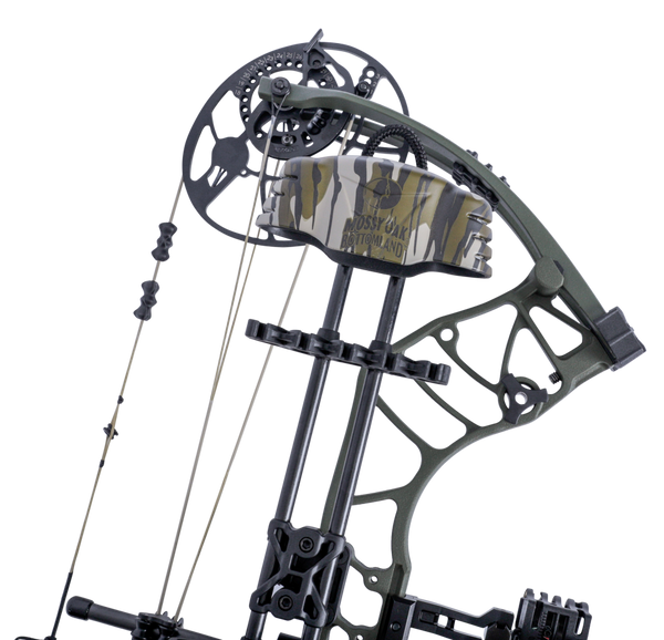 Trophy Ridge 5 Spot Compound Bow Quiver in Mossy Oak Bottomland shown on a bow.