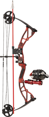 Side image of bowfishing arrow holder, the Cajun Bowfishing Arrow Caddy, attached to a Cajun Bowfishing bow and holding a single arrow.