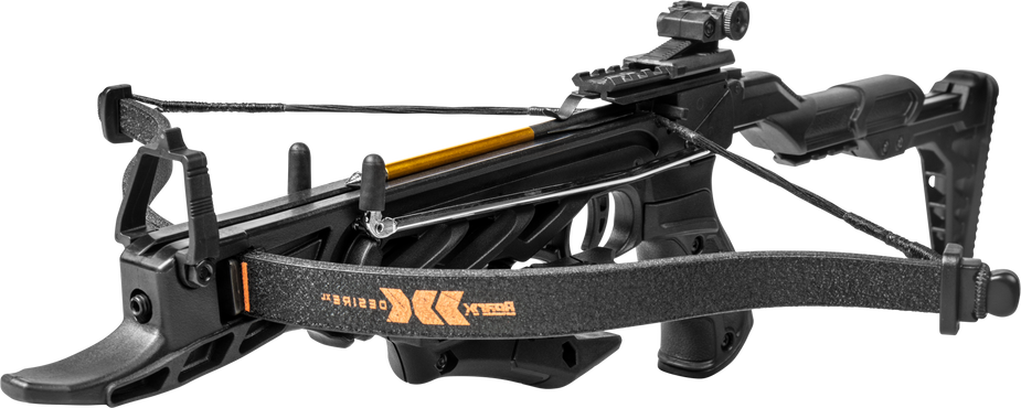 Close up of the Bear X Desire XL Pistol Crossbow limbs. The Self Cocking Mini Crossbow comes in color Black.