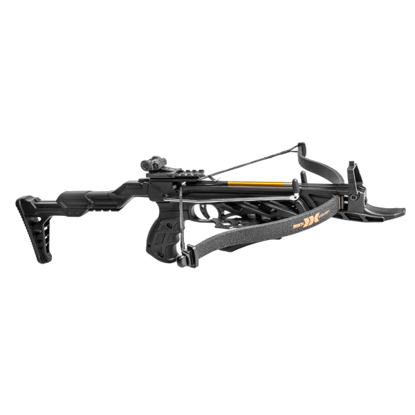 Bear X Desire XL Pistol Crossbow in color Black. The mini crossbow is cocked and aimed to the right. The Desire XL is a Self Cocking Crossbow.