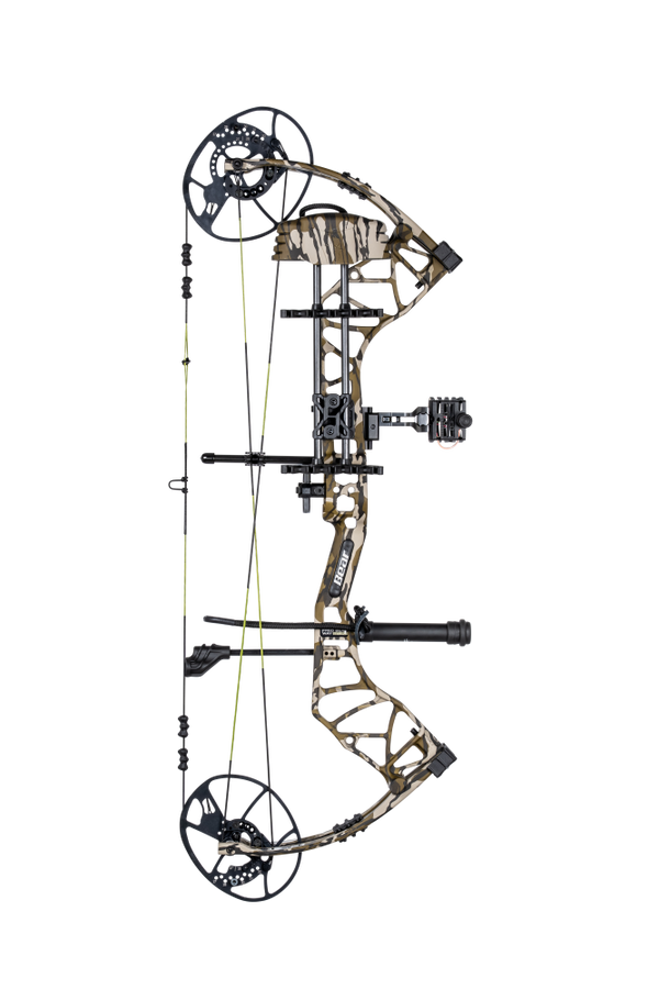 Image of Gamekeeper RTH Compound Bow facing right. The Bear Gamekeeper bow in Mossy Oak Bottomland.