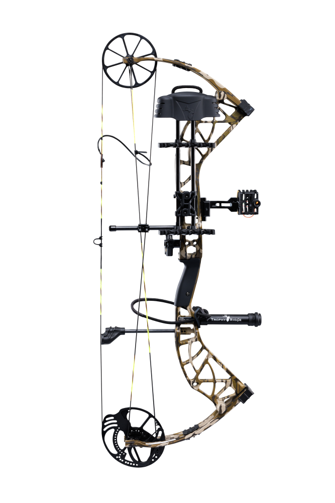 Side view of Bear Adapt 2 RTH hunting bow in color Mossy Oak Bottomland highlighting its single cam system.
