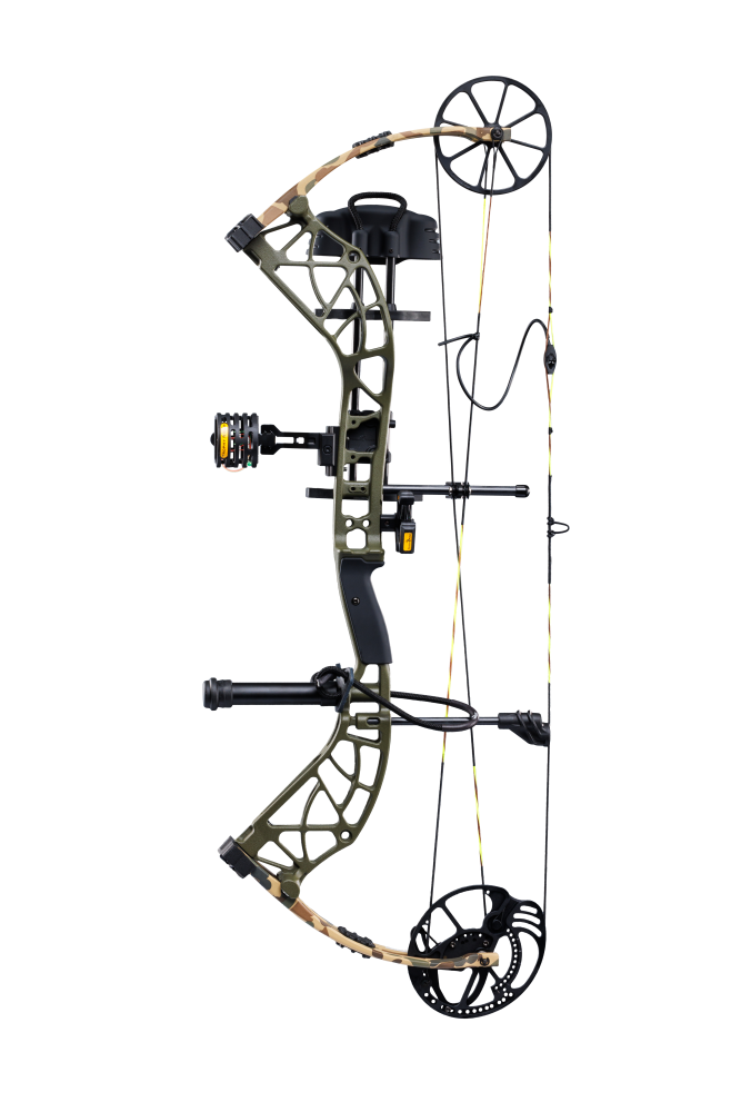 Side view showcasing Bear Adapt 2 RTH hunting bow in color Throwback Green with Trophy Ridge ready-to-hunt accessories. 