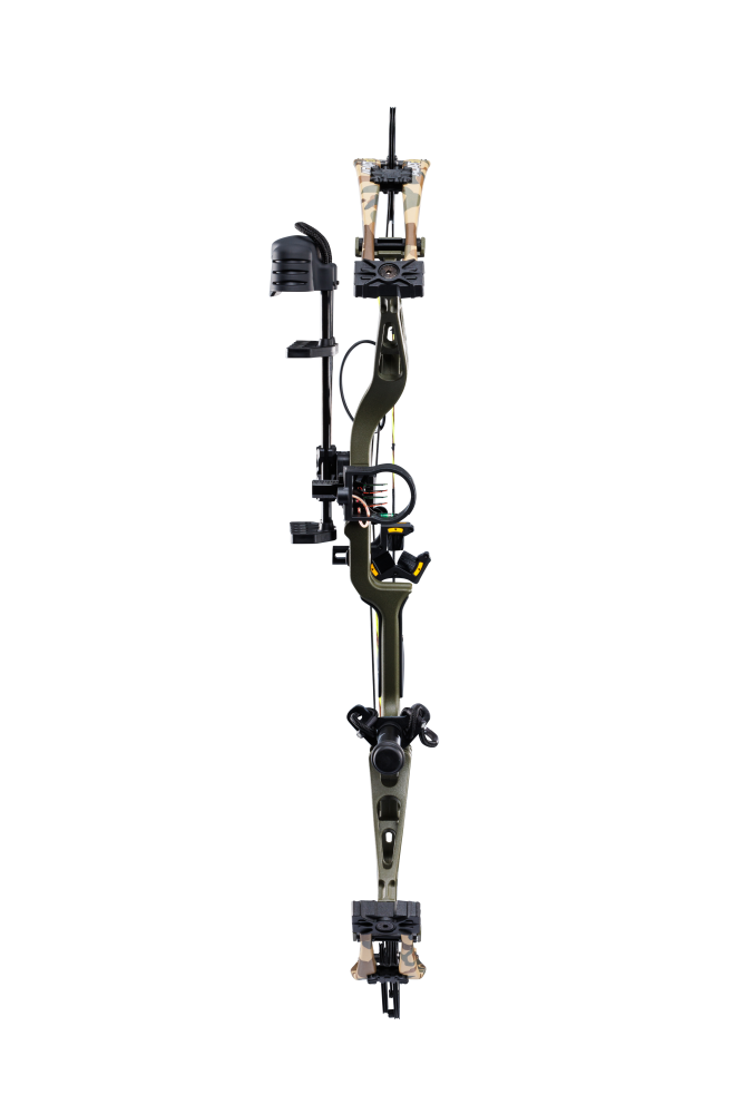 Front view of the Bear Adapt 2 RTH hunting bow with a 31” axel-to-axel and a sleek modern finish in color Throwback Green.