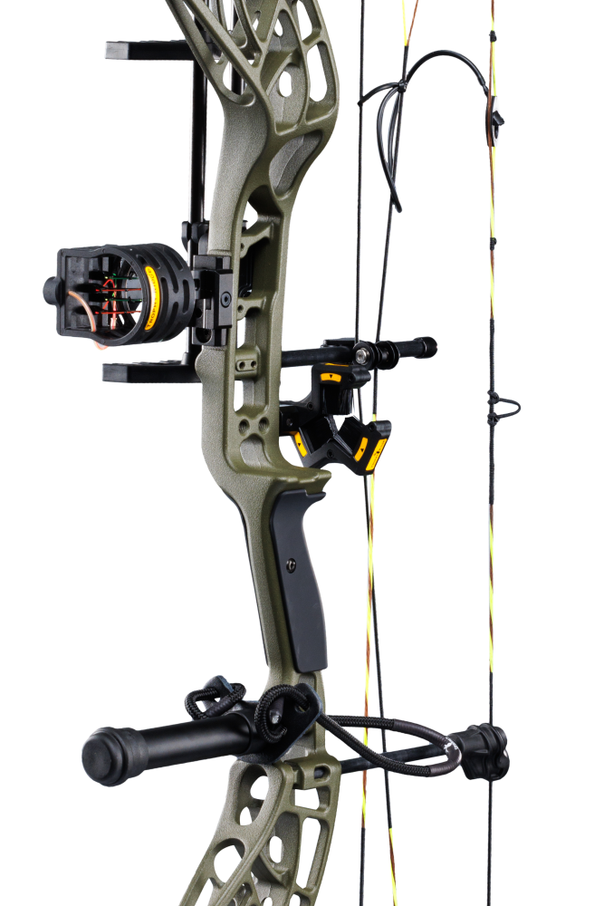 Close up of the Bear Adapt 2 RTH hunting bow riser in color Throwback Green featuring Trophy Ridge ready-to-hunt accessories.