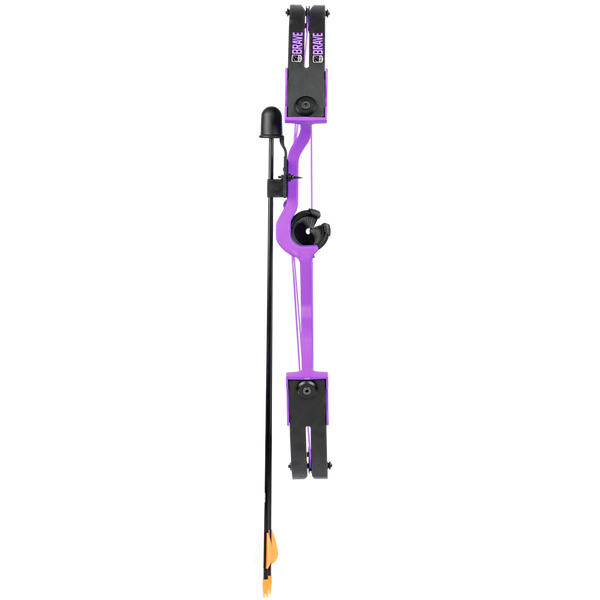 Bear Brave youth compound bow package in color purple features a 26" axle-to-axle introductory bow comes ready to shoot with two Safetyglass™ arrows.