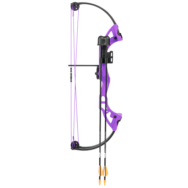 Bear Brave kids bow and arrow set in color purple includes Whisker Biscuit, 1-pin sight, finger rollers, armguard, and arrow quiver. 