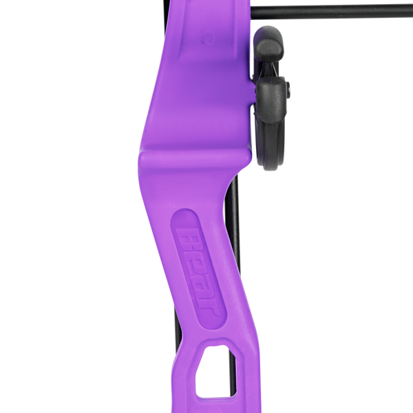 Close up of Bear Brave Youth Bow in color purple includes Whisker Biscuit, Arrows, Armguard, and Arrow Quiver.