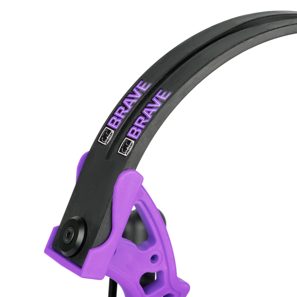 Close up of Bear Brave youth compound bow package limbs and logo in color purple.