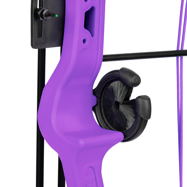 Close up of the Trophy Ridge Whisker Biscuit on the Bear Brave kids bow and arrow set in color purple. 