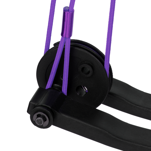 Close up of cams on the Bear Archery Brave kids bow and arrow set in color purple. 