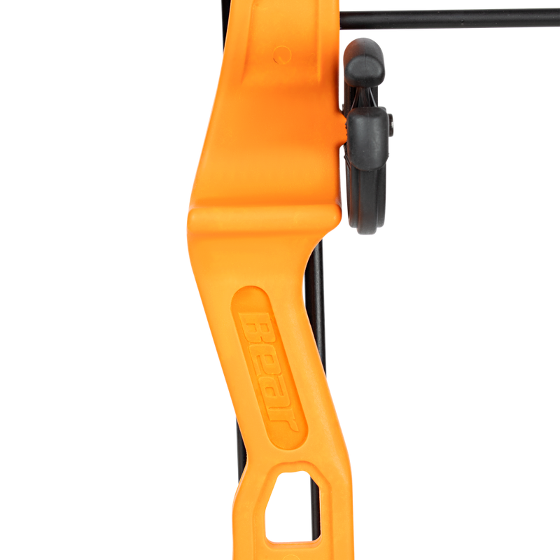 Bear Archery Brave youth compound bow package in color orange features a 15 to 25 lb. Draw Weight. 