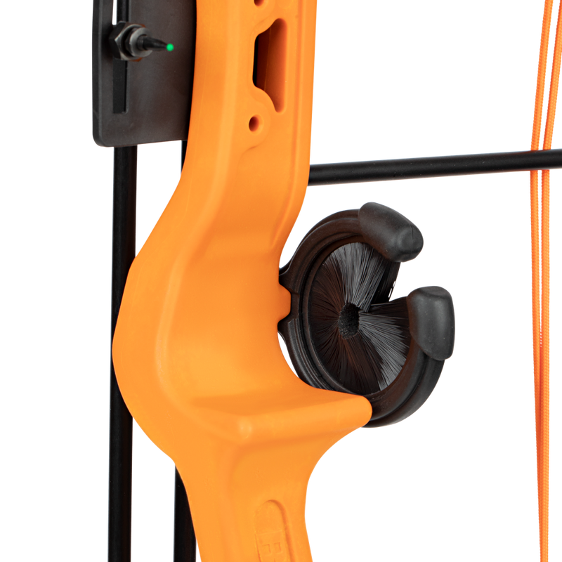 Close up of the whisker biscuit on the Bear Brave youth compound bow package in color orange. 