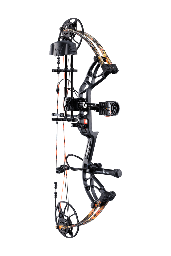 Bear Archery Cruzer G4 Compound Bow for bowhunting displayed against a transparent background, emphasizing its professional build quality, Wildfire color option, and Trophy Ridge ready-to-hunt accessories.