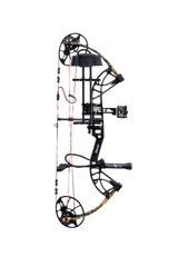 Side view of the Bear Archery Cruzer G4 Compound Bow in color Wildfire highlighting its Trophy Ridge Ready-To-Hunt package, featuring a V-Biscuit rest, premium 4 pin sight, 5 arrow quiver, stabilizer, Radial peep sight, and wrist sling.