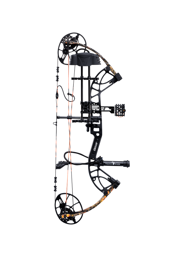 Side view of the Bear Archery Cruzer G4 Compound Bow in color Wildfire highlighting its Trophy Ridge Ready-To-Hunt package, featuring a V-Biscuit rest, premium 4 pin sight, 5 arrow quiver, stabilizer, Radial peep sight, and wrist sling.