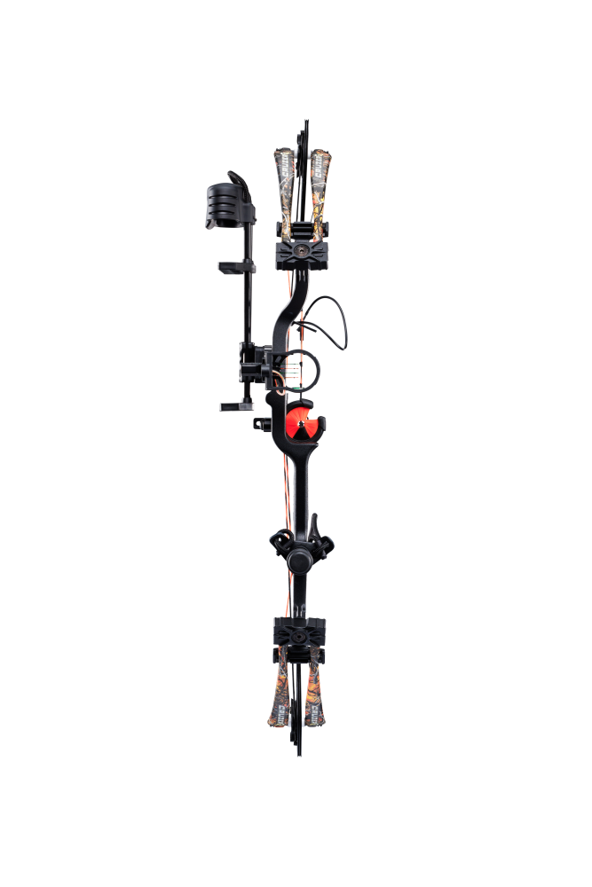 Front view Bear Cruzer G4 Compact Bow in color Wildfire with Trophy Ridge Ready-To-Hunt accessories.