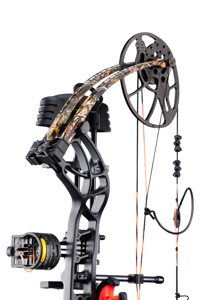 Close up of Trophy Ridge four pin sight and v-biscuit arrow rest. As well as Bear Archery's Cruzer G4 cam system and Wildfire color limbs.