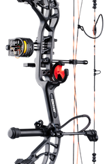 Close up of Bear Archery Cruzer G4 compact bow in color Wildfire highlighting Trophy Ridge accessories including a V-Biscuit rest, premium 4 pin sight, stabilizer, Radial peep sight, and wrist sling.