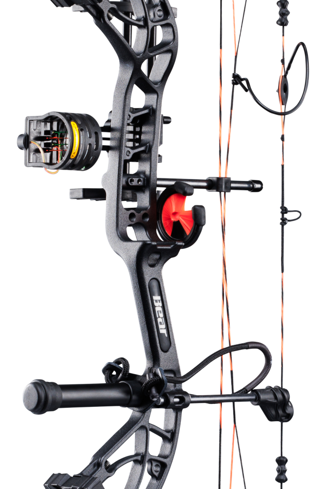 Close up of Bear Archery Cruzer G4 compact bow in color Wildfire highlighting Trophy Ridge accessories including a V-Biscuit rest, premium 4 pin sight, stabilizer, Radial peep sight, and wrist sling.
