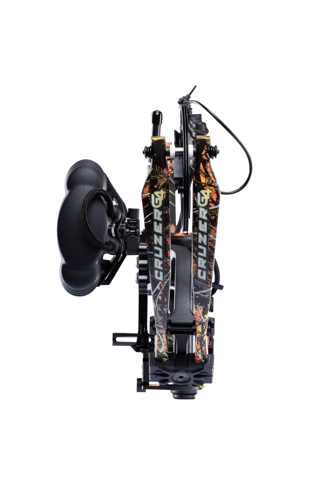 Close up of compound bow limbs showcasing Bear Archery Cruzer G4 compact bow logo on color Wildfire.