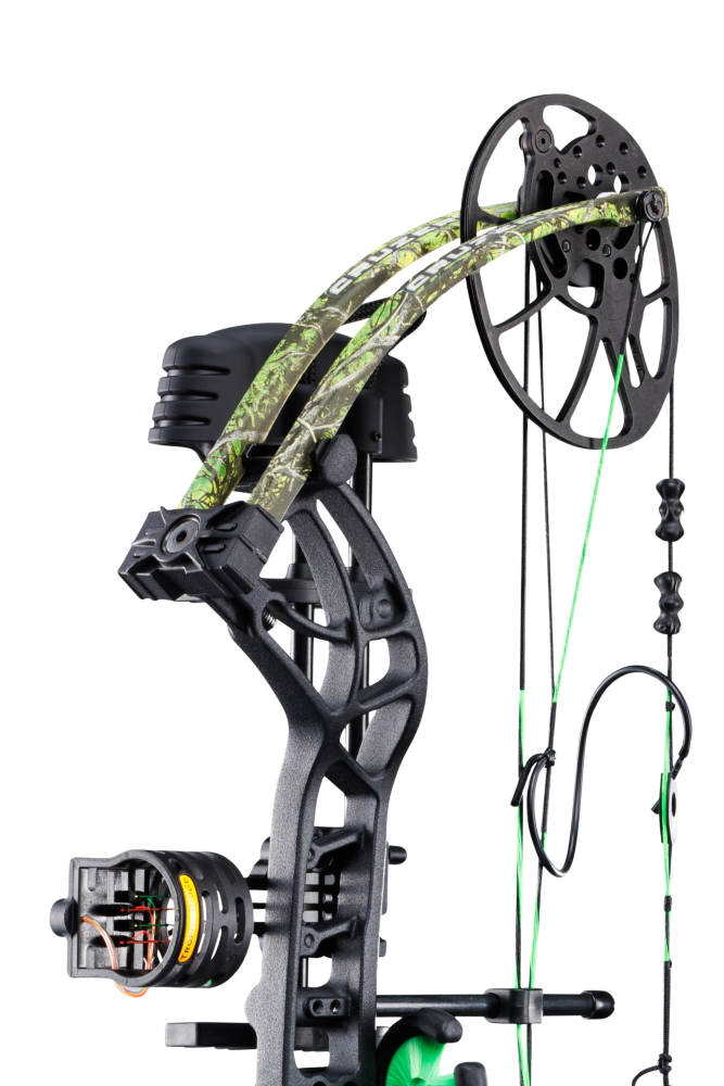 Close up of Trophy Ridge four pin sight and v-biscuit arrow rest. As well as Bear Archery's Cruzer G4 cam system and Toxic color limbs.