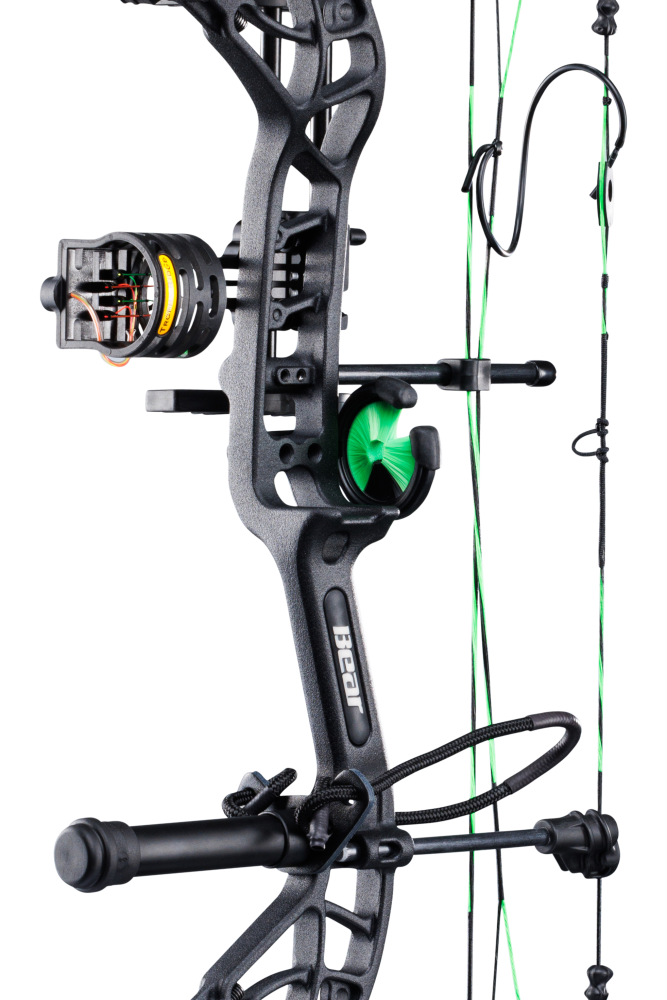 Close up of Bear Archery Cruzer G4 compound bow in color Toxic highlighting Trophy Ridge accessories including a V-Biscuit rest, premium 4 pin sight, stabilizer, Radial peep sight, and wrist sling.