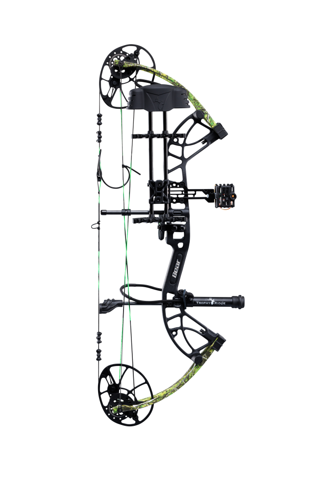 Side view of the Bear Archery Cruzer G4 Compound Bow in color Toxic highlighting its Trophy Ridge Ready-To-Hunt package, featuring a V-Biscuit rest, premium 4 pin sight, 5 arrow quiver, stabilizer, Radial peep sight, and wrist sling.
