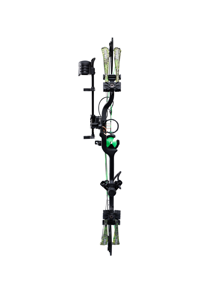 Front view Bear Cruzer G4 Compact Bow in color Toxic with Trophy Ridge Ready-To-Hunt accessories.