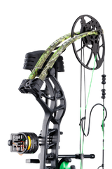 Close up of Trophy Ridge four pin sight and v-biscuit arrow rest. As well as Bear Archery's Cruzer G4 cam system and Toxic color limbs.