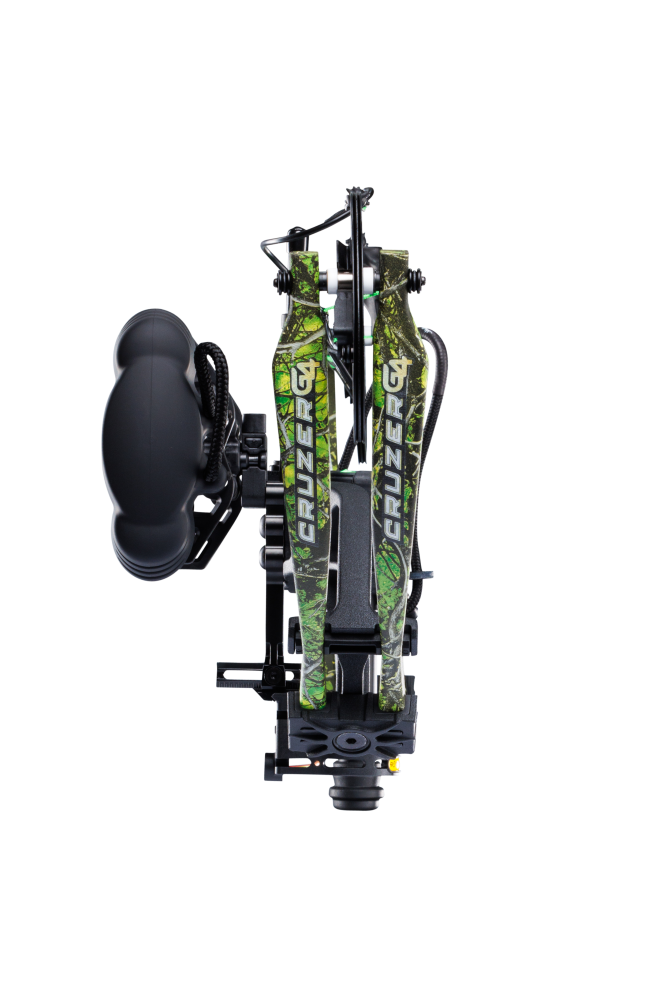 Close up of compound bow limbs showcasing Bear Archery Cruzer G4 compact bow logo on color Toxic.
