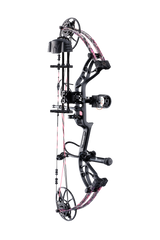 Side view of the Bear Archery Cruzer G4 Compound Bow in color Muddy highlighting its Trophy Ridge Ready-To-Hunt package, featuring a V-Biscuit rest, premium 4 pin sight, 5 arrow quiver, stabilizer, Radial peep sight, and wrist sling.